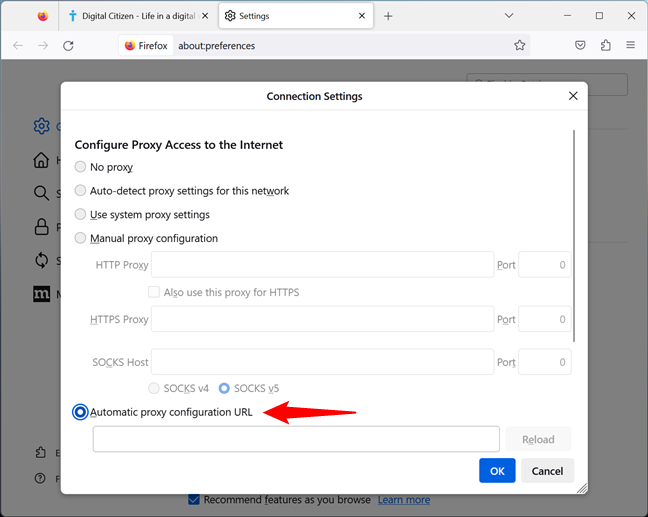 Select Automatic proxy configuration URL to set up a Firefox proxy