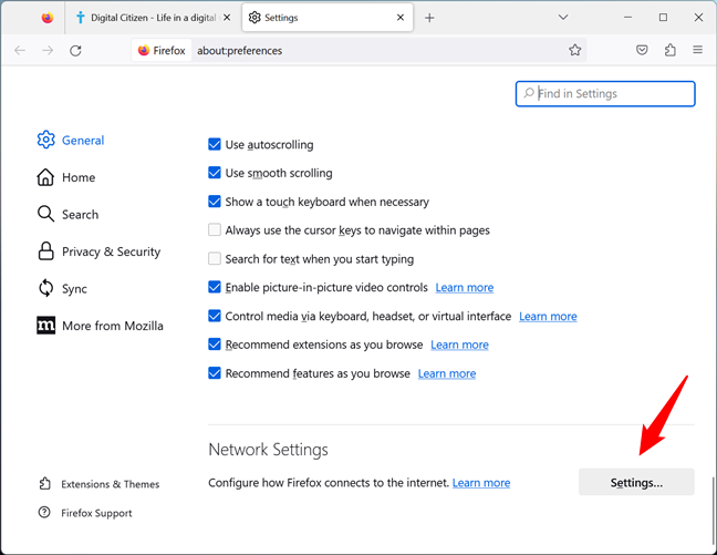 Access Settings to configure how Firefox connects to the internet