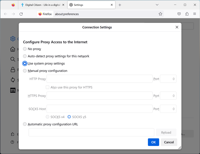 Firefox's default is to Use system proxy settings