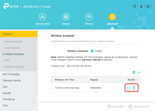 Modify or delete the wireless schedule