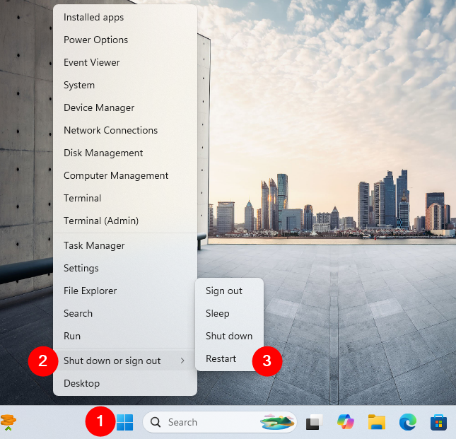 How to reboot Windows 11 from the WinX menu