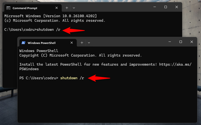 Using the Windows restart command in Command Prompt or PowerShell