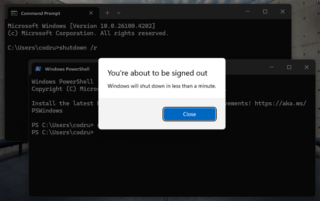 Windows 11 displays a warning before restarting