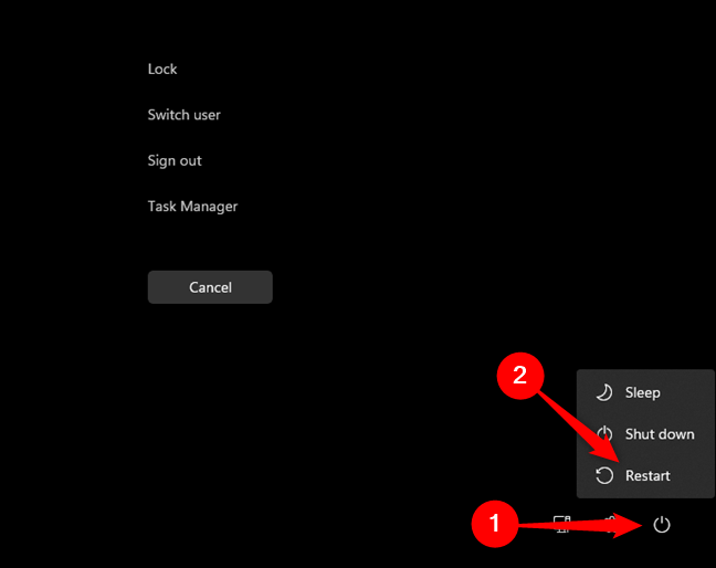 On the Ctrl Alt Del security screen, press Power and then Restart