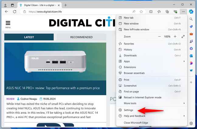 The Settings entry from Edge's menu