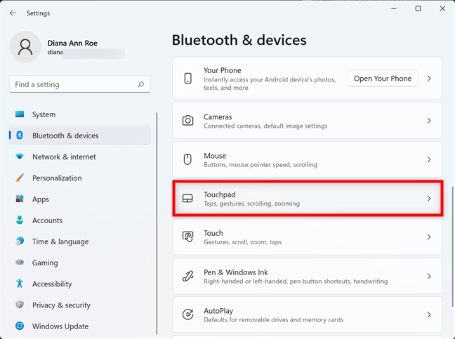 Access the Touchpad settings in Windows 11