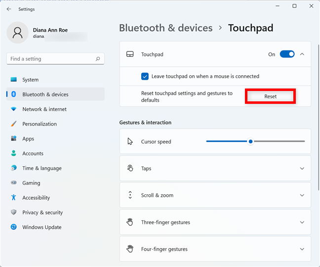 Reset the touchpad settings in Windows 11