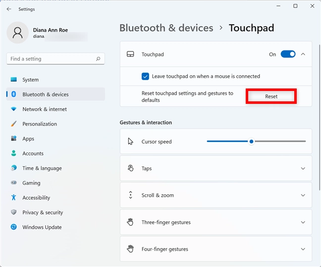 Reset the touchpad settings in Windows 11