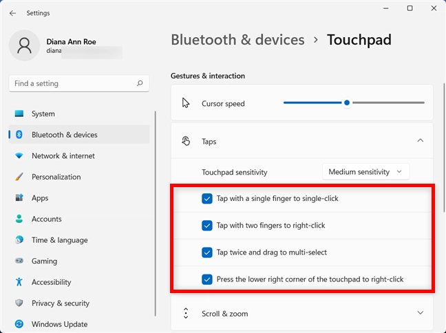 Configure what your touchpad taps do in Windows 11
