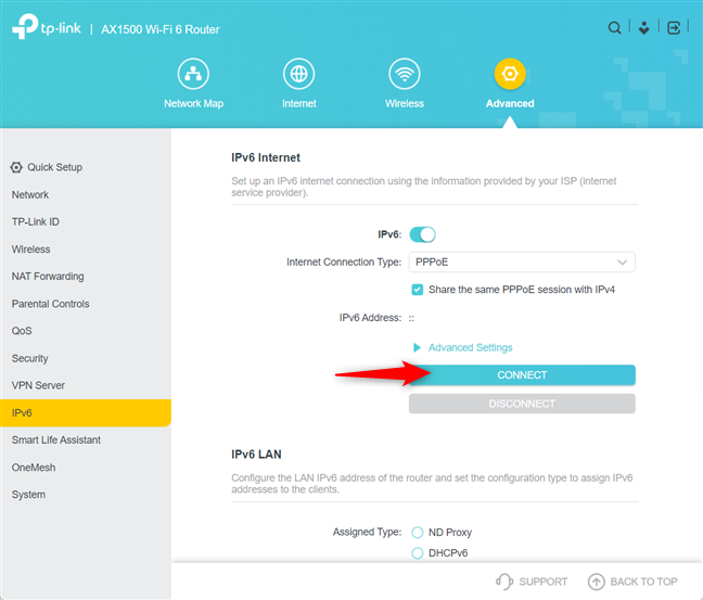 Press Connect to use IPv6