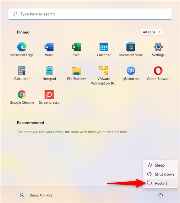 How to restart Windows 11 from the Start Menu