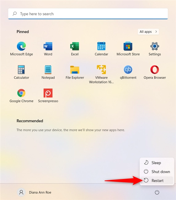 How to restart Windows 11 from the Start Menu