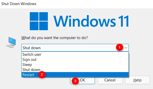 How to restart Windows 11 from the Shut Down Windows pop-up