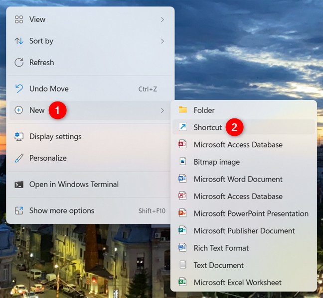Start creating a shortcut on the Windows 11 desktop