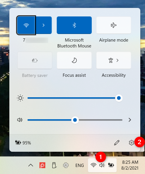 Open the Settings on Windows 11 from the Quick settings flyout