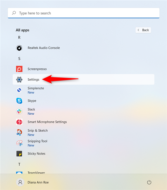 How to open Settings from the All apps list