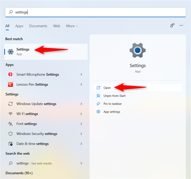 How to open Settings in Windows 11 using Search