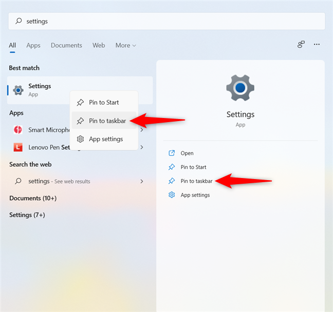 How to pin the Settings shortcut in Windows 11 to the taskbar