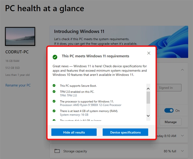 Details about the Windows 11 system requirements met by a PC