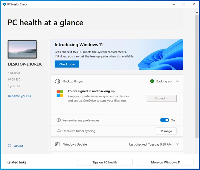 Windows 11 system requirements tool: PC Health app