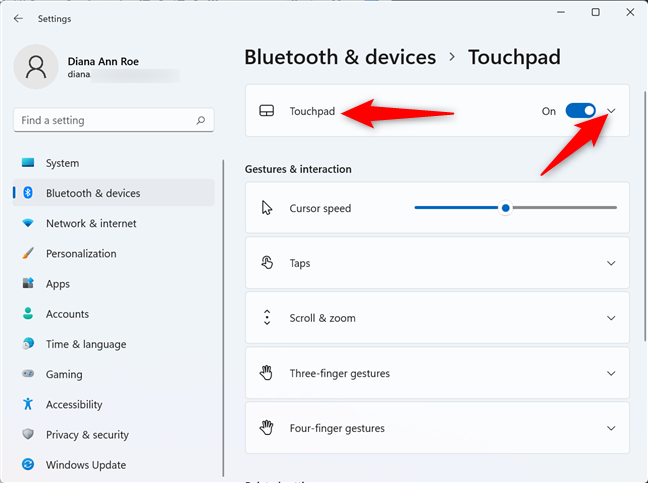 Press on the Touchpad entry to expand it