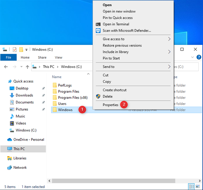 Right-click on the Windows folder and choose Properties