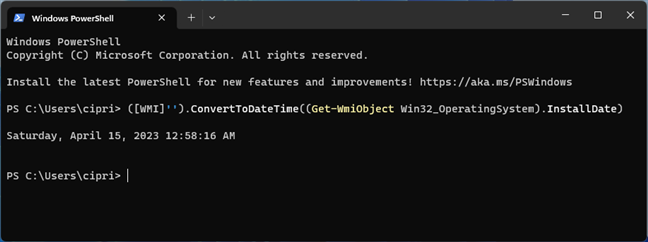 Check the Windows installation date in PowerShell