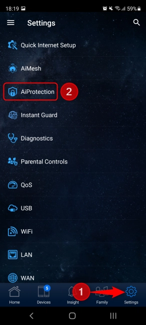 In ASUS Router, tap Settings followed by AiProtection