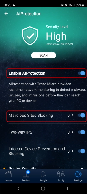 Turn on Enable AiProtection and Malicious Sites Blocking