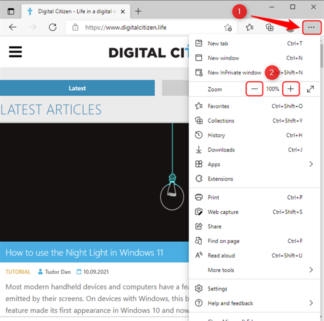 The zoom controls in the Microsoft Edge menu