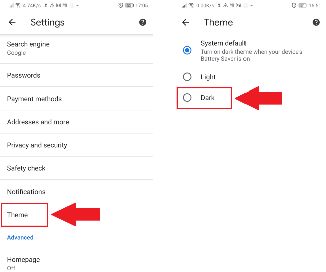 The Theme setting will let you choose between Light and Dark modes