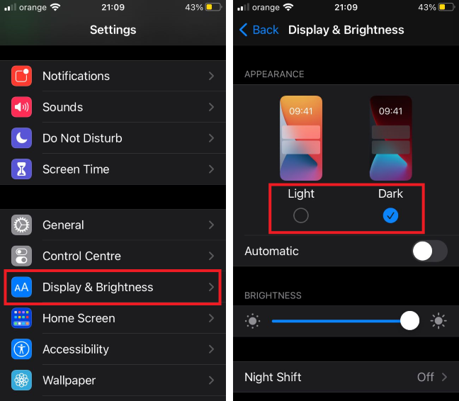 Dark Mode is available in the Display & Brightness menu