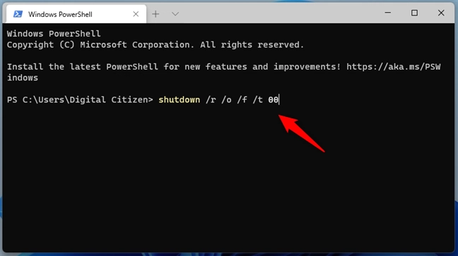 Running the command for accessing UEFI/BIOS in Windows 11's Terminal