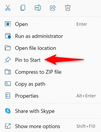 The Windows 11 Pin to Start option in a contextual menu