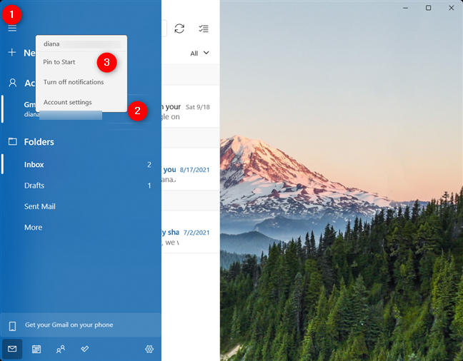 Pin to Start an email account in Windows 11