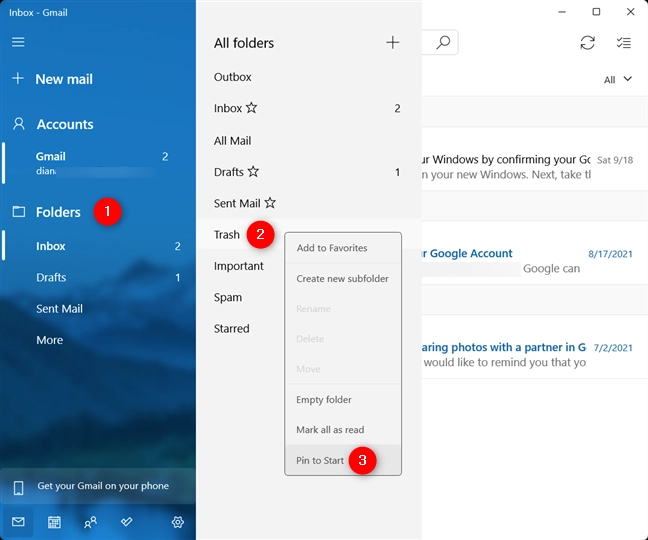 Pin an email folder to Start in Windows 11