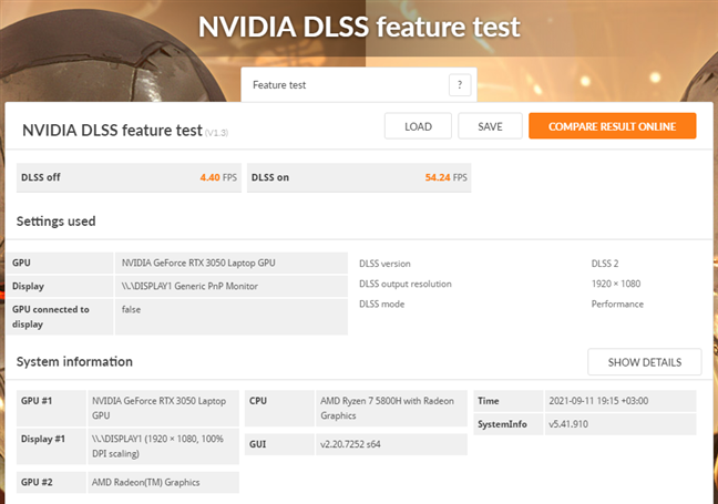 Benchmark results in 3DMark Nvidia DLSS