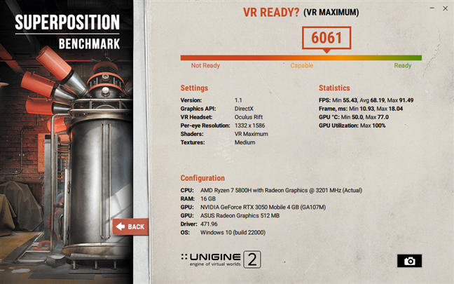 Benchmark results in Unigine SuperPosition VR