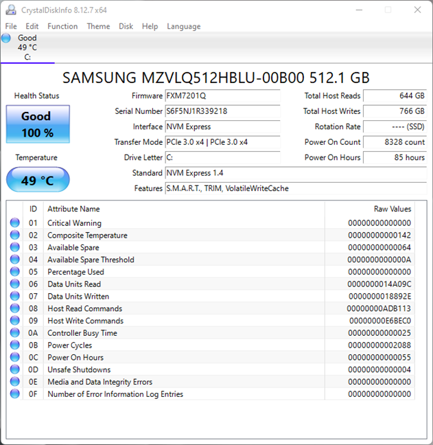 The Samsung SSD used by the laptop