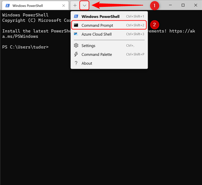Open a Command Prompt tab by using the Windows Terminal menu