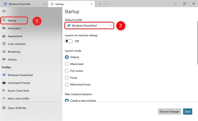 Click on the button in the Default profile section of Startup