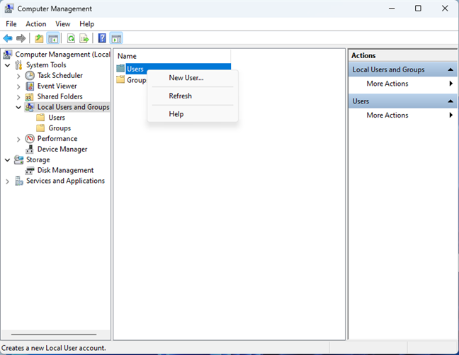 Щелкните правой кнопкой мыши «Пользователи» и выберите «Новый пользователь».