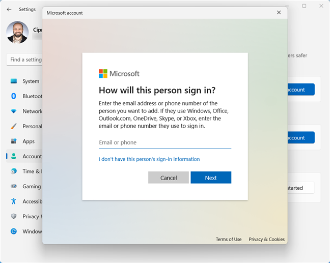 Enter the email for the Microsoft account you want to add