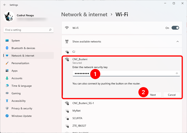 Typing the password of the Wi-Fi network