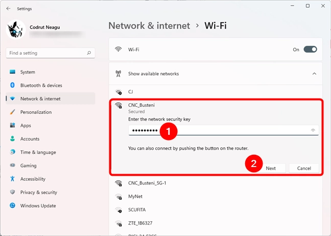 Typing the password of the Wi-Fi network