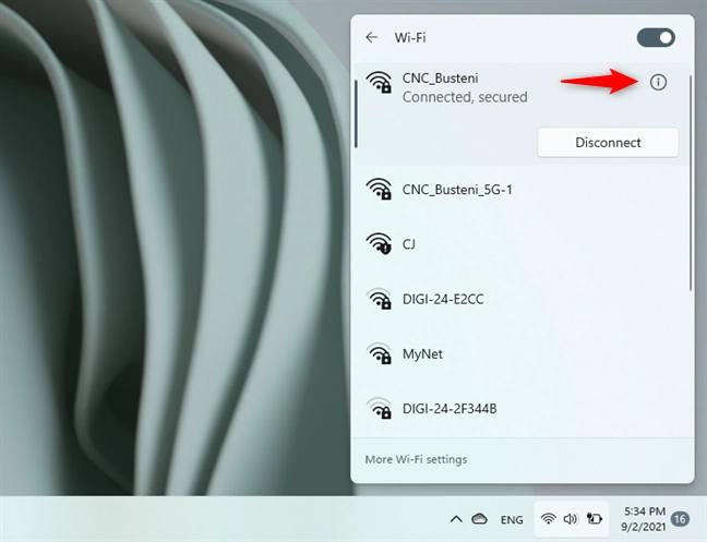 The Properties button of the Wi-Fi network