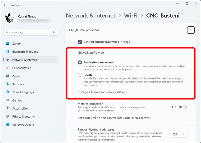 How to set the Wi-Fi network as Private or Public in Windows 11