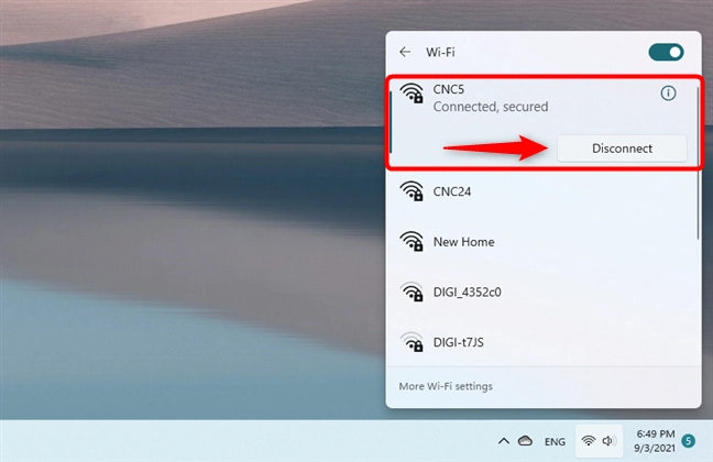 Disconnecting Windows 11 from Wi-Fi