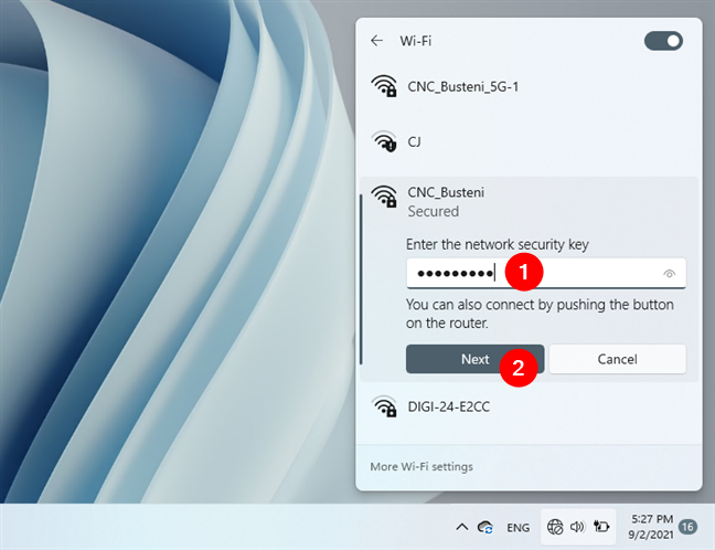 Entering the Wi-Fi password in Windows 11
