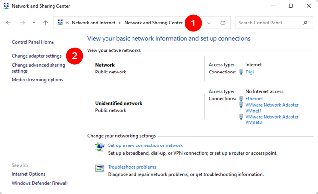 Change adapter settings in Control Panel